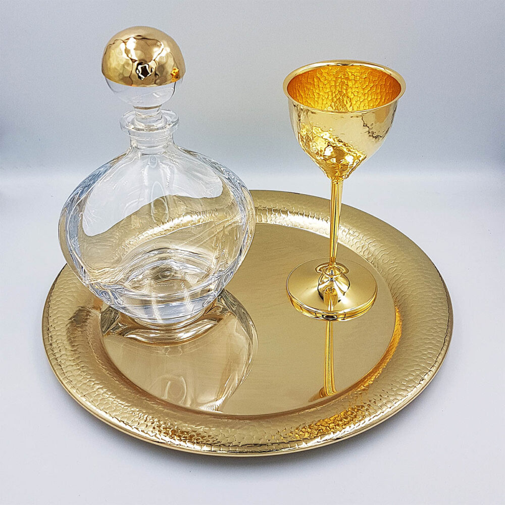 Δίσκος Χρυσός Στρόγγυλος Επάργυρος Με Μπουκάλι Και Ποτήρι - LDMP200
