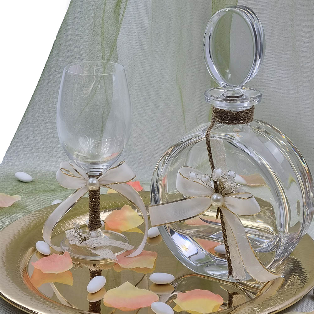 Δίσκος Χρυσός Στρόγγυλος Επάργυρος Με Μπουκάλι Και Ποτήρι – LDMP202