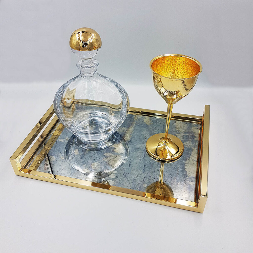 Δίσκος Καθρέφτης Vintage Σφυρήλατο Μπουκάλι Κρύσταλλο Ποτήρι Επάργυρο