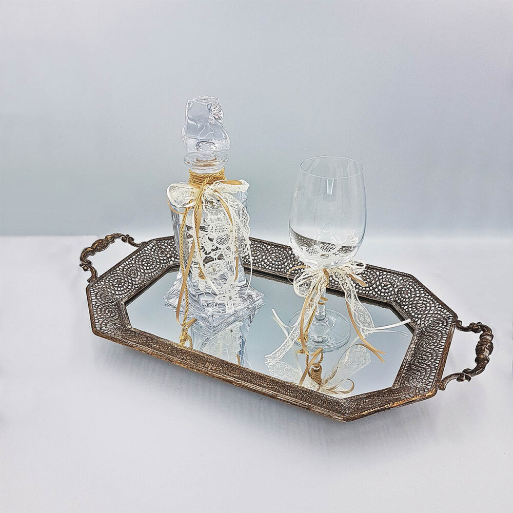 Δίσκος Μπουκάλι Ποτήρι Vintage Καθρέφτης Σφυρήλατος