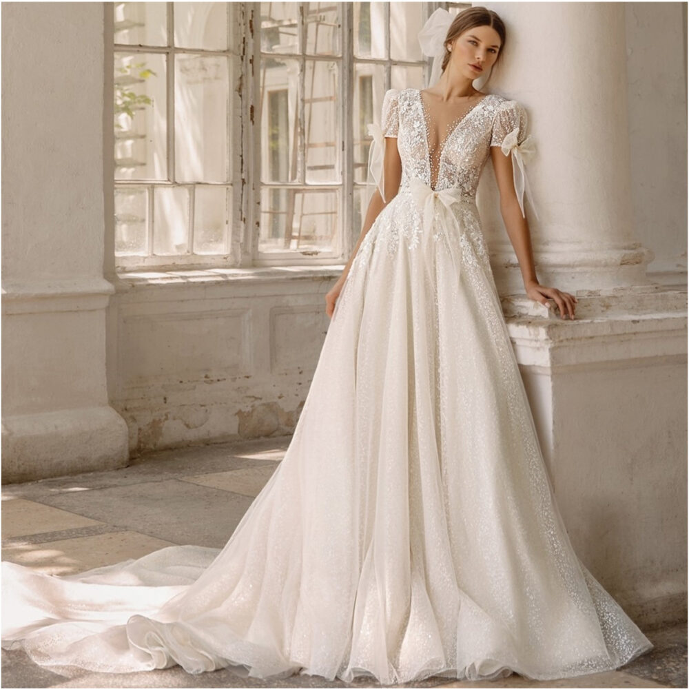 Νυφικό Ρομαντικό Φόρεμα Σε Α Γραμμή Με Δαντέλα Και Μπούστο V-5956