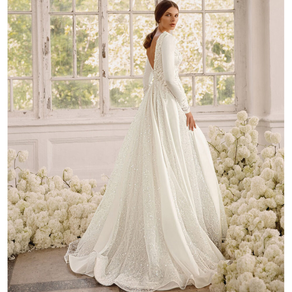 Νυφικό Φόρεμα Πριγκιπικό Α Γραμμή Δαντέλα Μπούστο Μανίκια Crep-5967