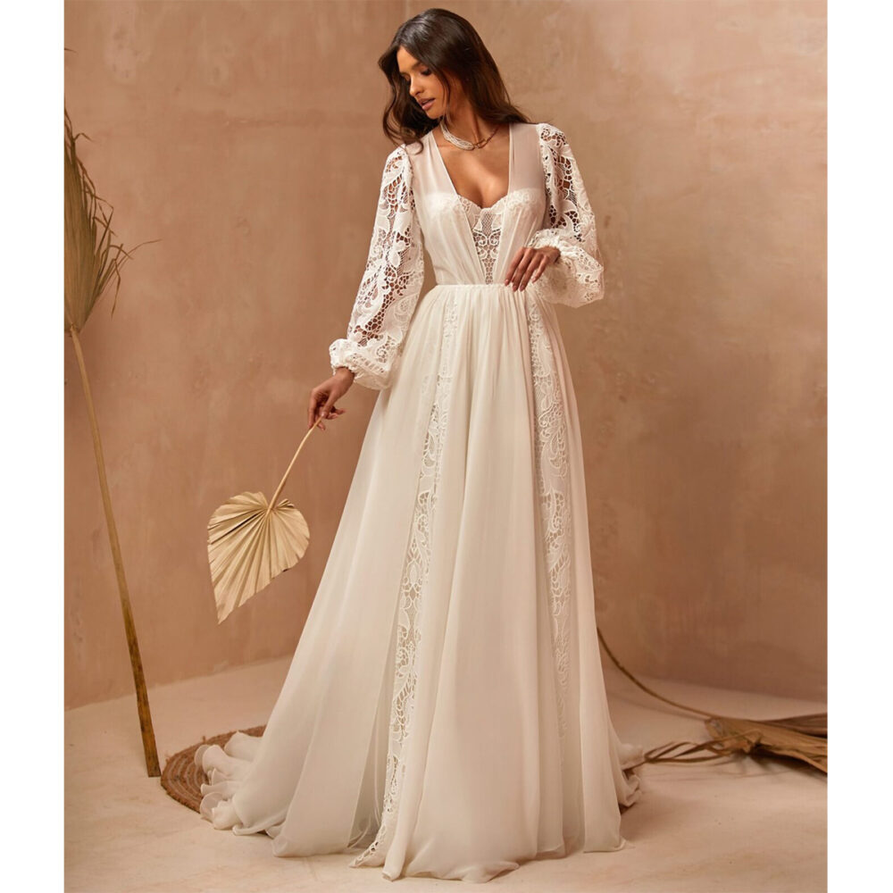 Ρομαντικό Boho Νυφικό Φόρεμα Α Γραμμή Δαντέλα Τούλι-5968