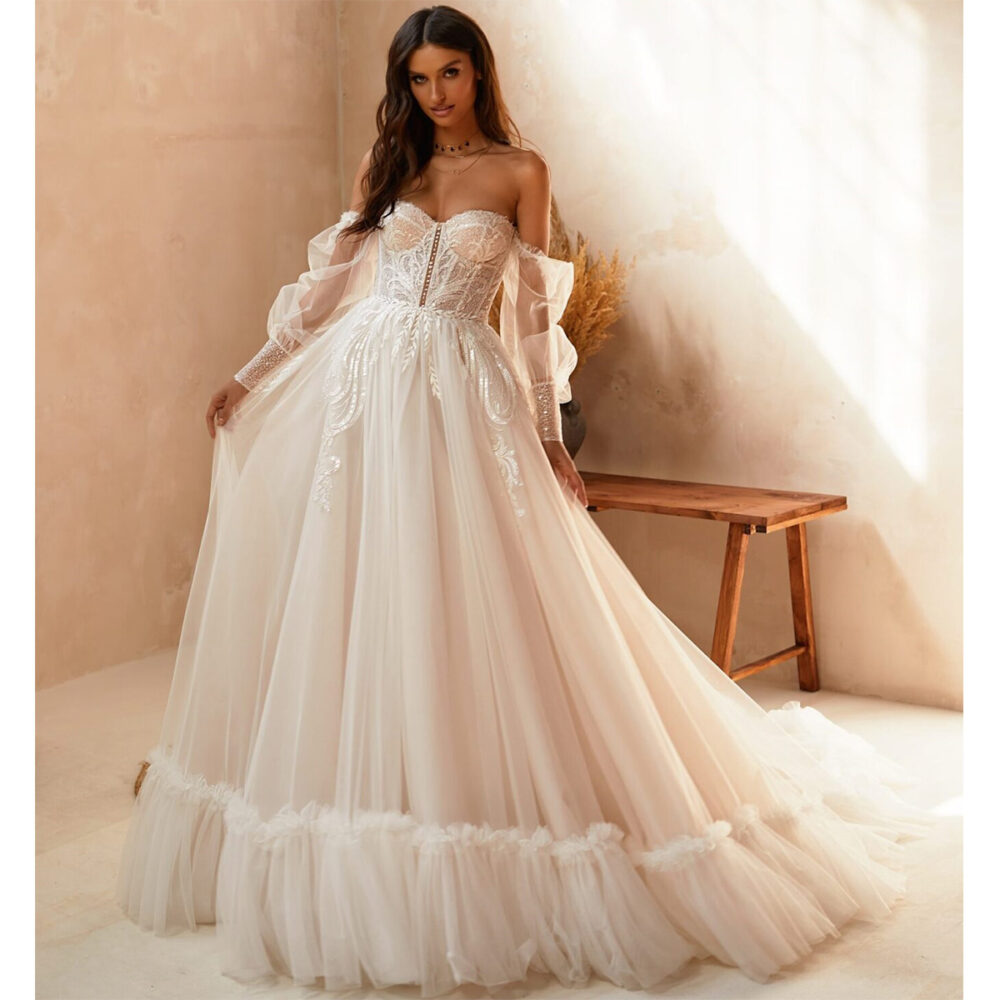 Ρομαντικό Boho Νυφικό Φόρεμα Α Γραμμή Δαντέλα Τούλι-5969