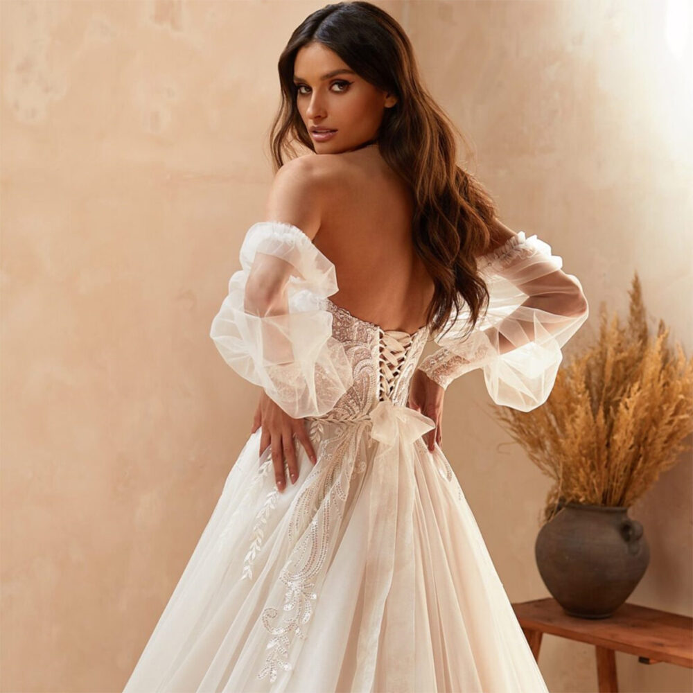 Ρομαντικό Boho Νυφικό Φόρεμα Α Γραμμή Δαντέλα Τούλι-5969