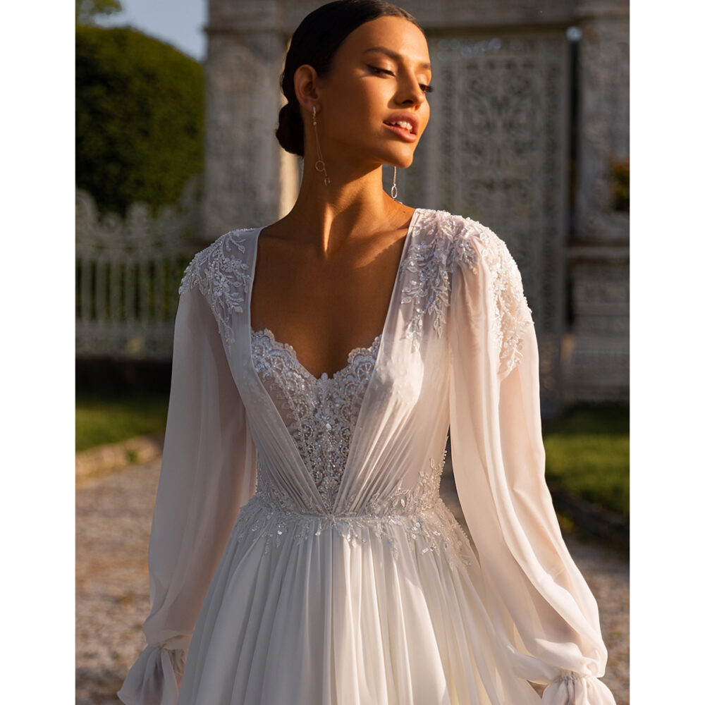 Νυφικό Φόρεμα Πριγκιπικό Α Γραμμή Strapless Δαντέλα Μπούστο Μανίκια Μουσελίνα-5983