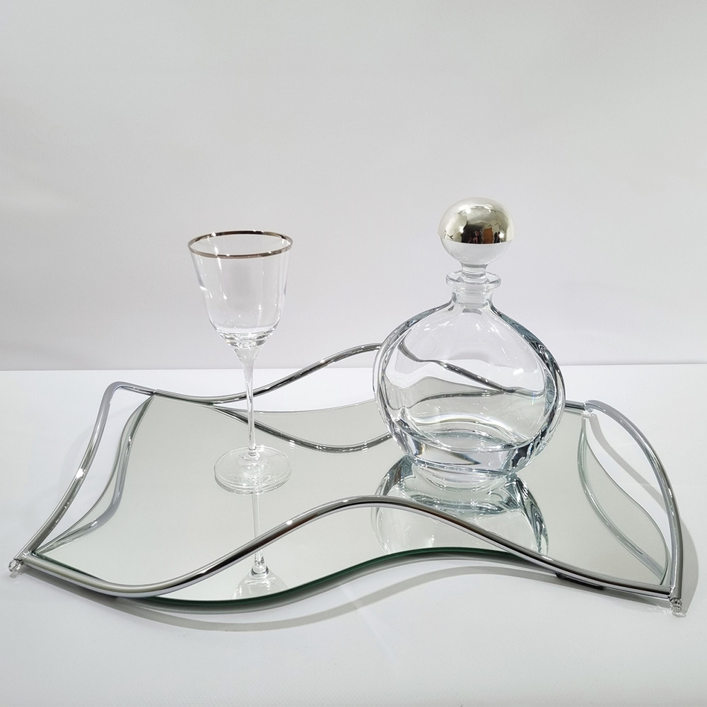 Δίσκος Ασημί Καθρέφτης Με Μπουκάλι Και Ποτήρι-LDMP116