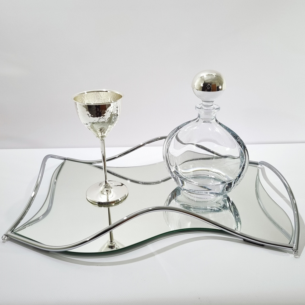 Δίσκος Ασημί Καθρέφτης Με Μπουκάλι Και Ποτήρι - LDMP117