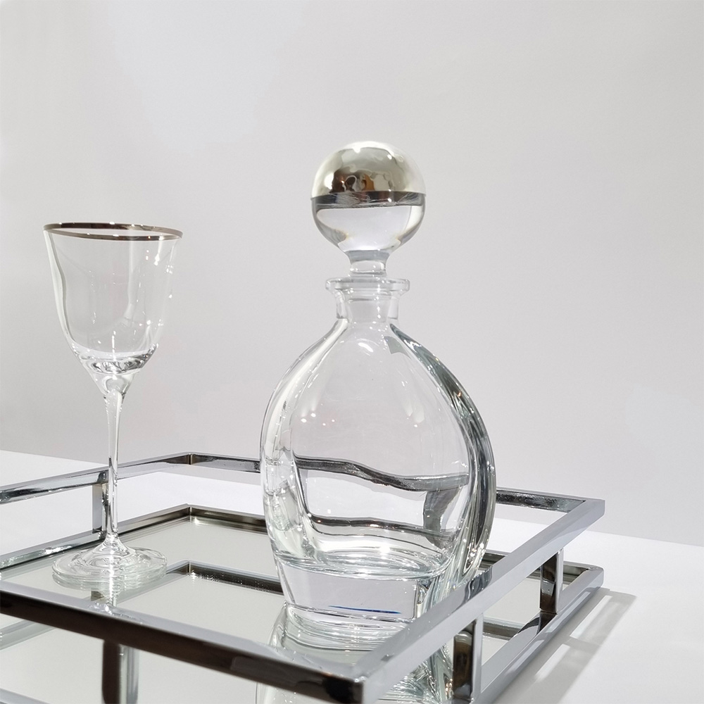 Δίσκος Ασημί Τετράγωνος Καθρέφτης Με Μπουκάλι Και Ποτήρι - LDMP118