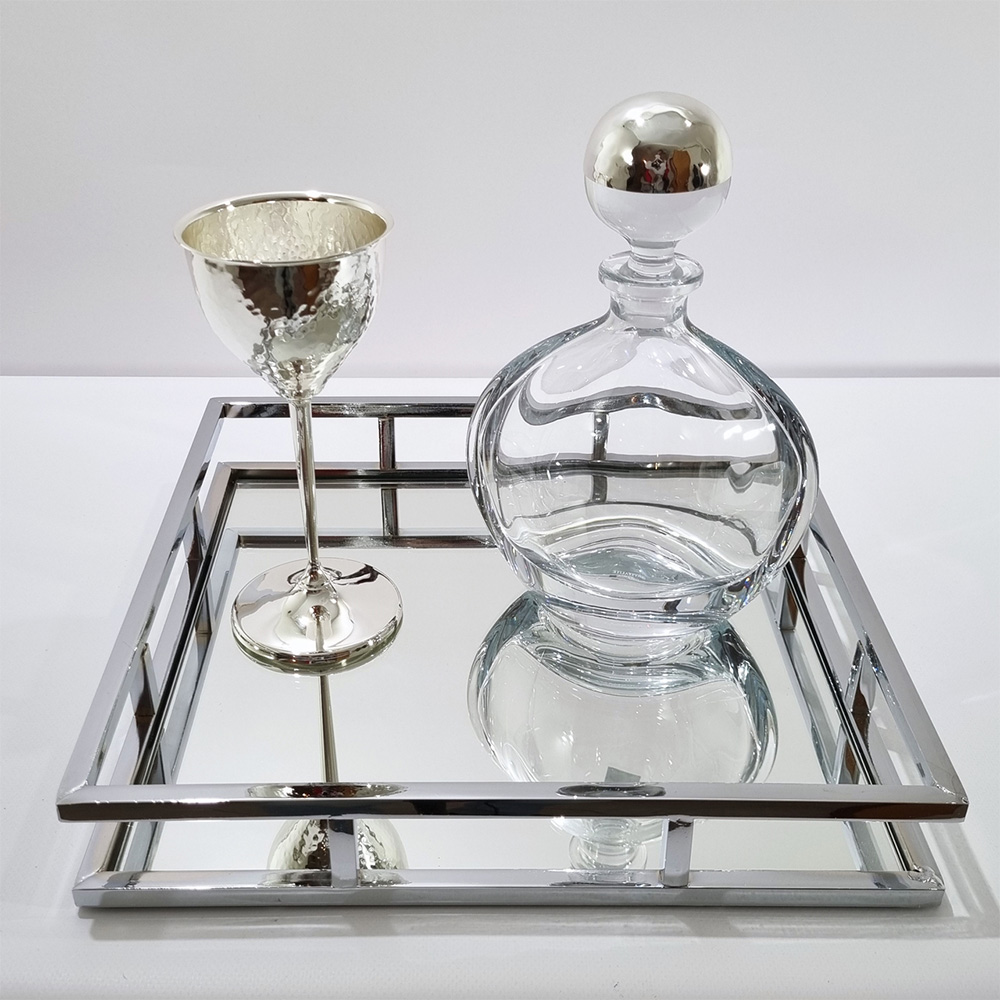 Δίσκος Ασημί Τετράγωνος Καθρέφτης Με Μπουκάλι Και Ποτήρι - LDMP119