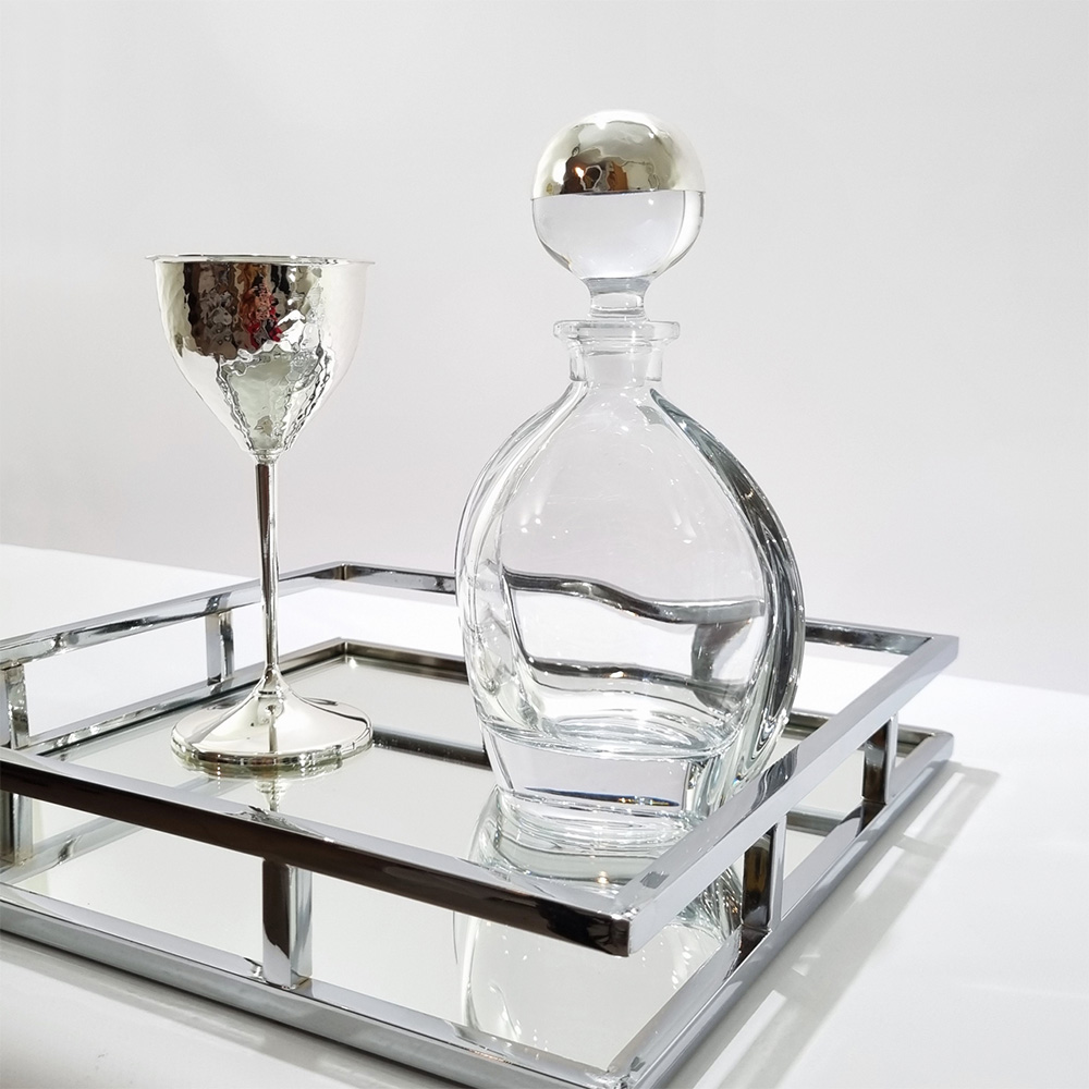 Δίσκος Ασημί Τετράγωνος Καθρέφτης Με Μπουκάλι Και Ποτήρι-LDMP119