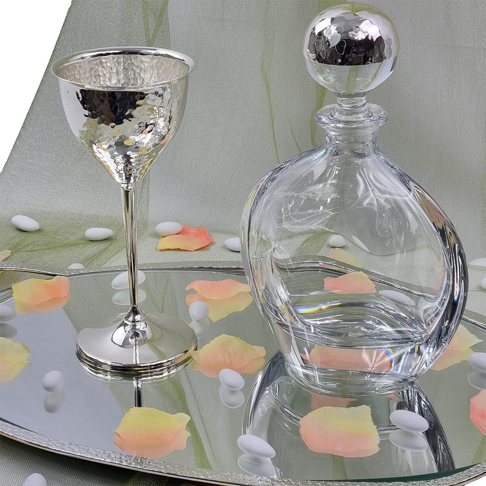 Δίσκος Ασημί Οβάλ Καθρέφτης Με Μπουκάλι Και Ποτήρι – LDMP120