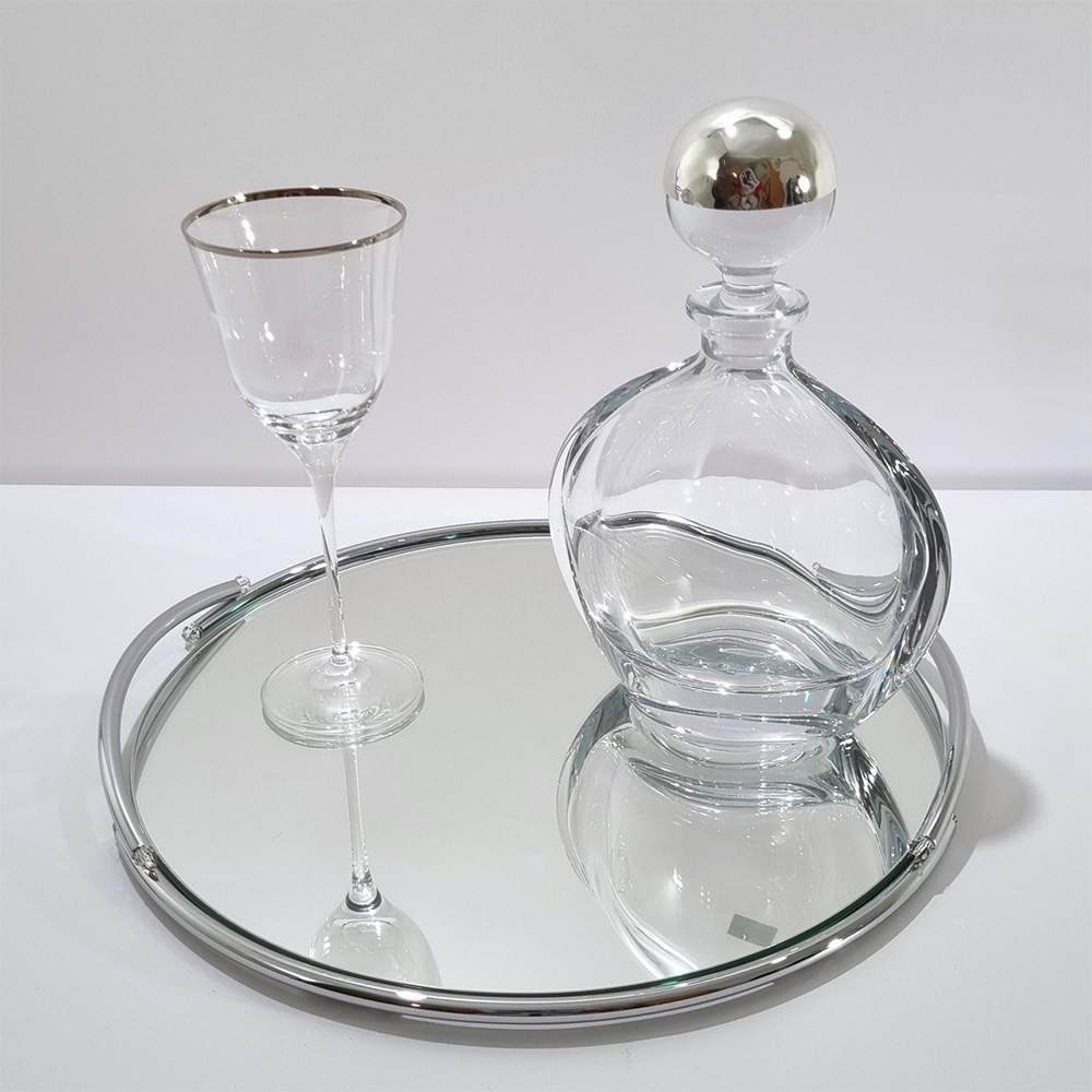 Δίσκος Ασημί Στρόγγυλος Καθρεύτης Με Μπουκάλι Και Ποτήρι-LDMP123