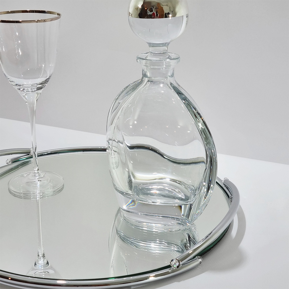 Δίσκος Ασημί Στρόγγυλος Καθρεύτης Με Μπουκάλι Και Ποτήρι - LDMP123