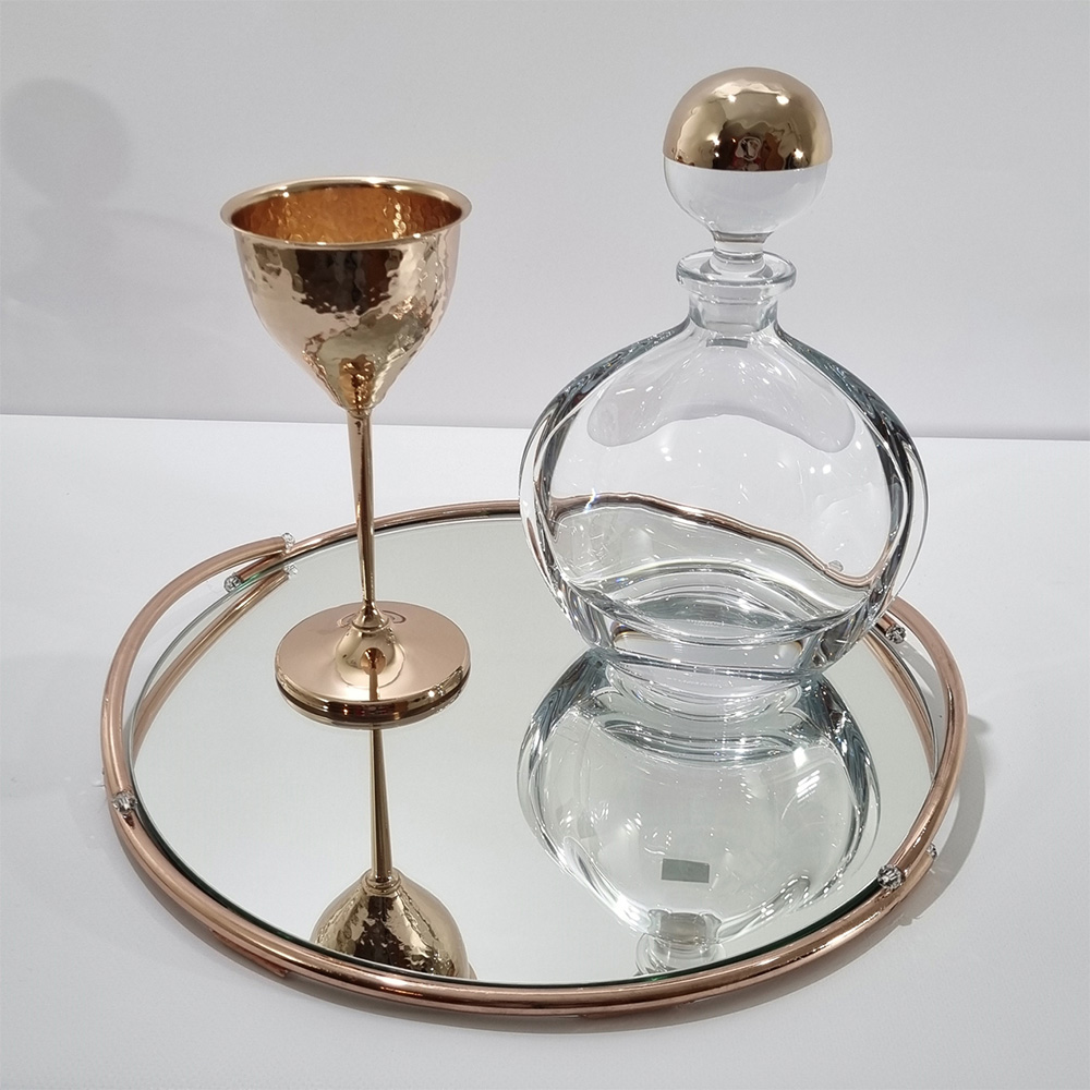 Δίσκος Ροζ Χρυσός Στρόγγυλος Καθρέφτης Με Μπουκάλι Και Ποτήρι-LDMP309