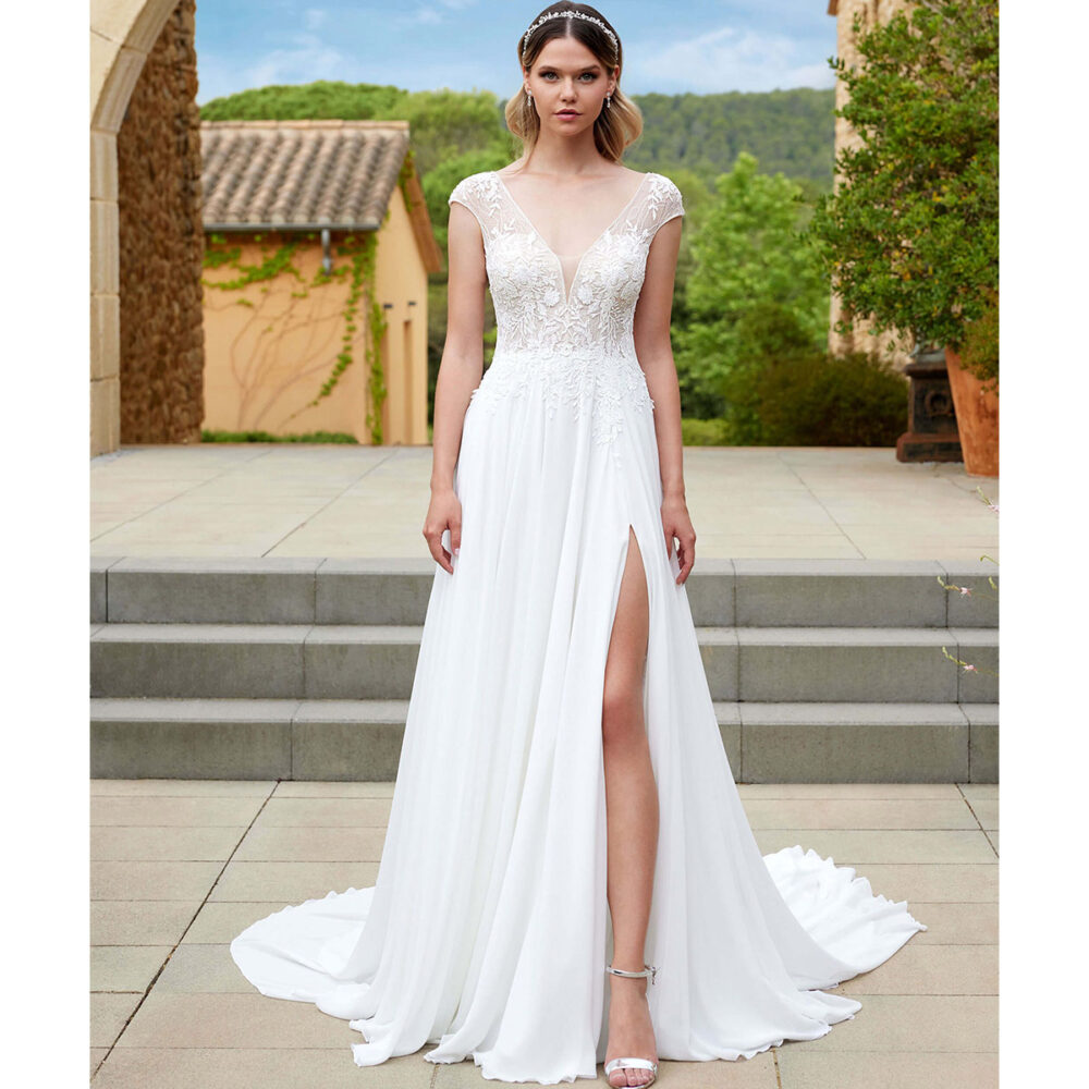 Νυφικό Φόρεμα Α Γραμμή Μπούστο V Δαντέλα Φούστα Chiffon-5588