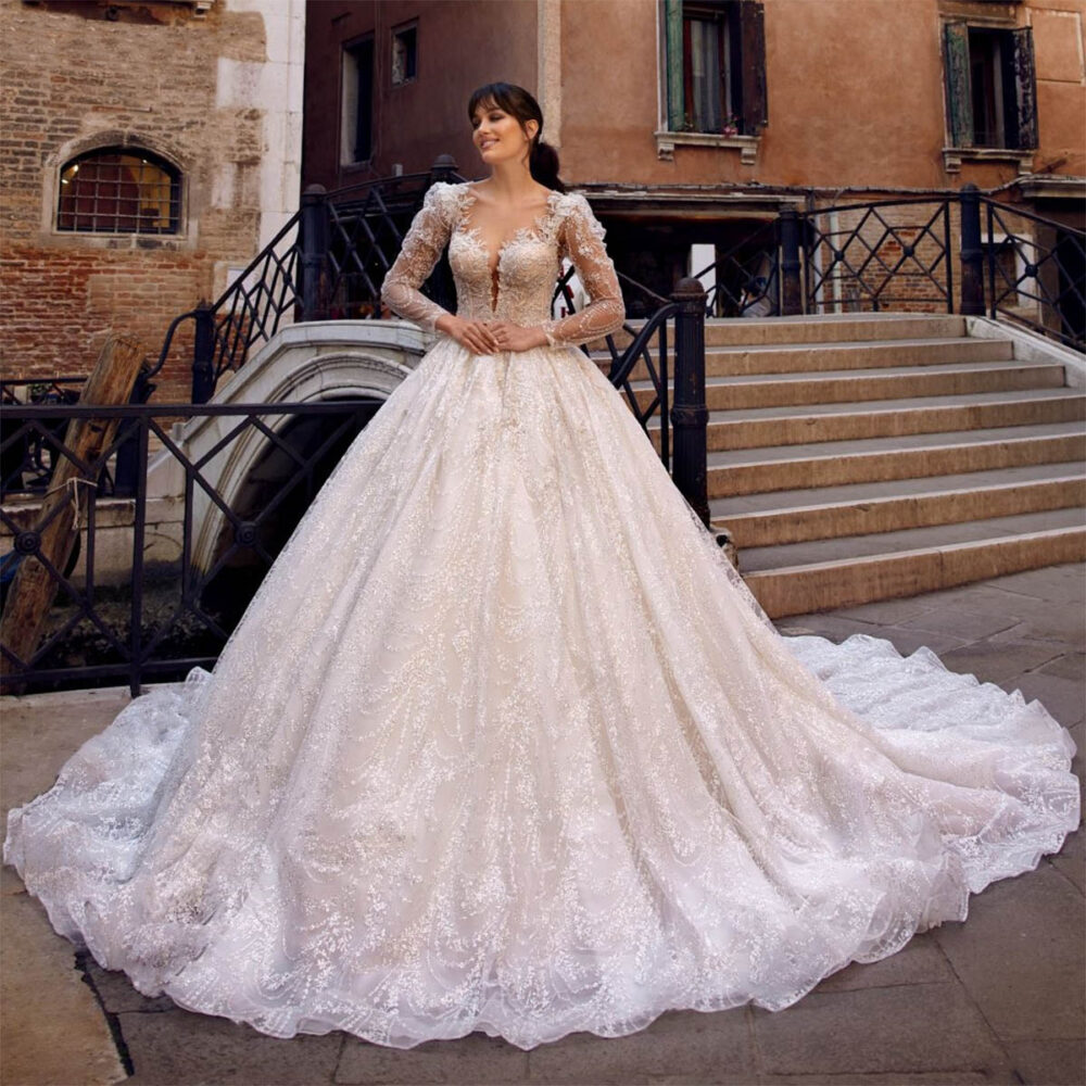 Νυφικό Φόρεμα Πριγκιπικό Δαντέλα Τούλινο Με Μανίκια Α Γραμμή - 6051