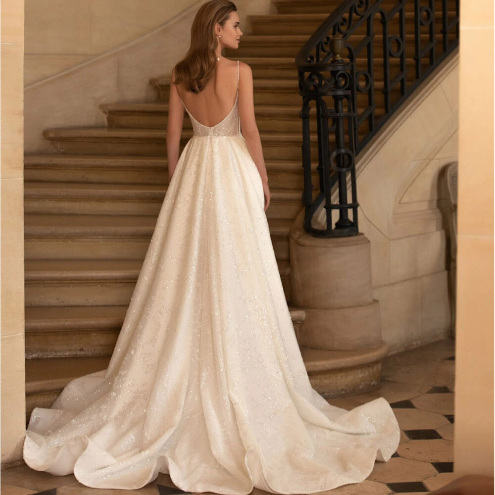 Νυφικό Φόρεμα Α-Γραμμή Μπούστο V Τιραντάκι Strass Glitter -6068
