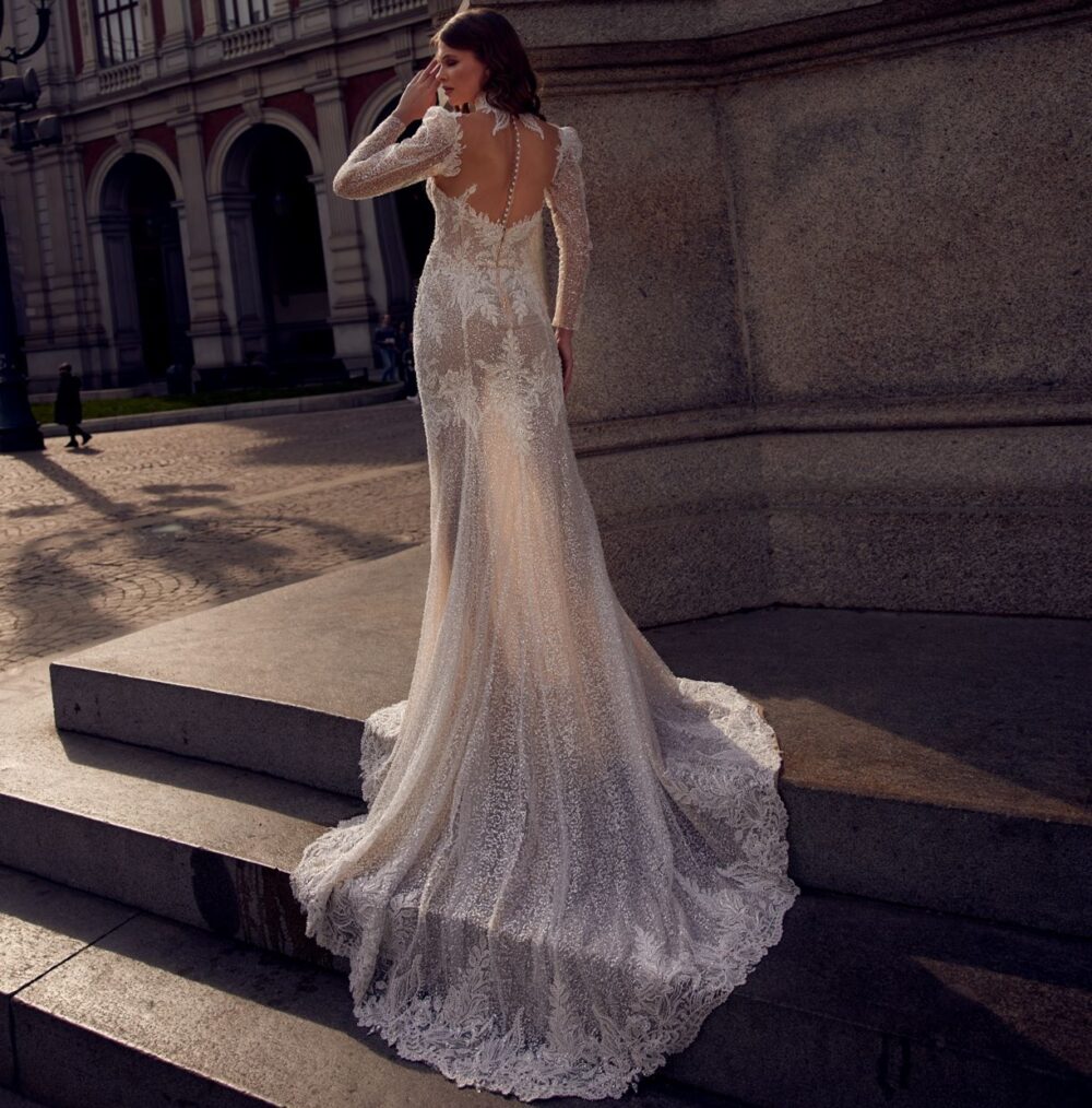 Νυφικό Φόρεμα Στενό V Μπούστο Glitter Δαντέλα Μανίκια Με Choker-6050