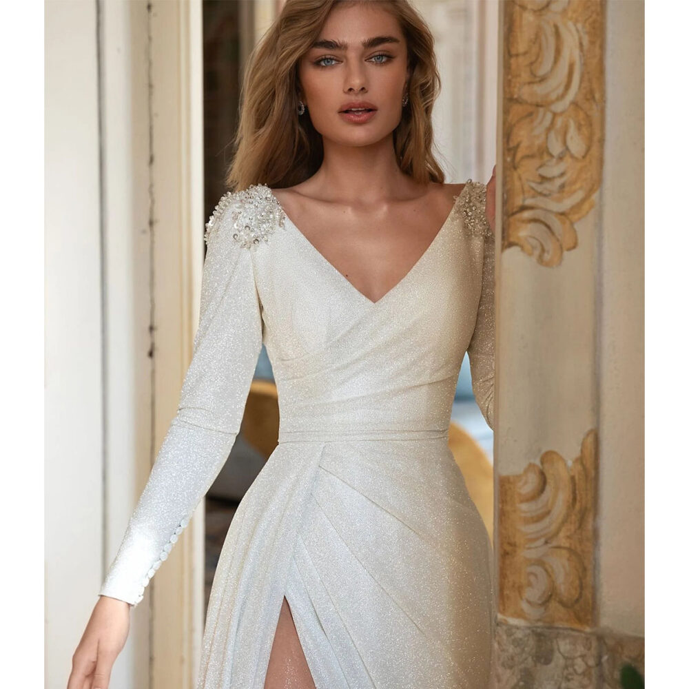 Νυφικό Φόρεμα Α Γραμμή Glitter Με Μανίκια-6066