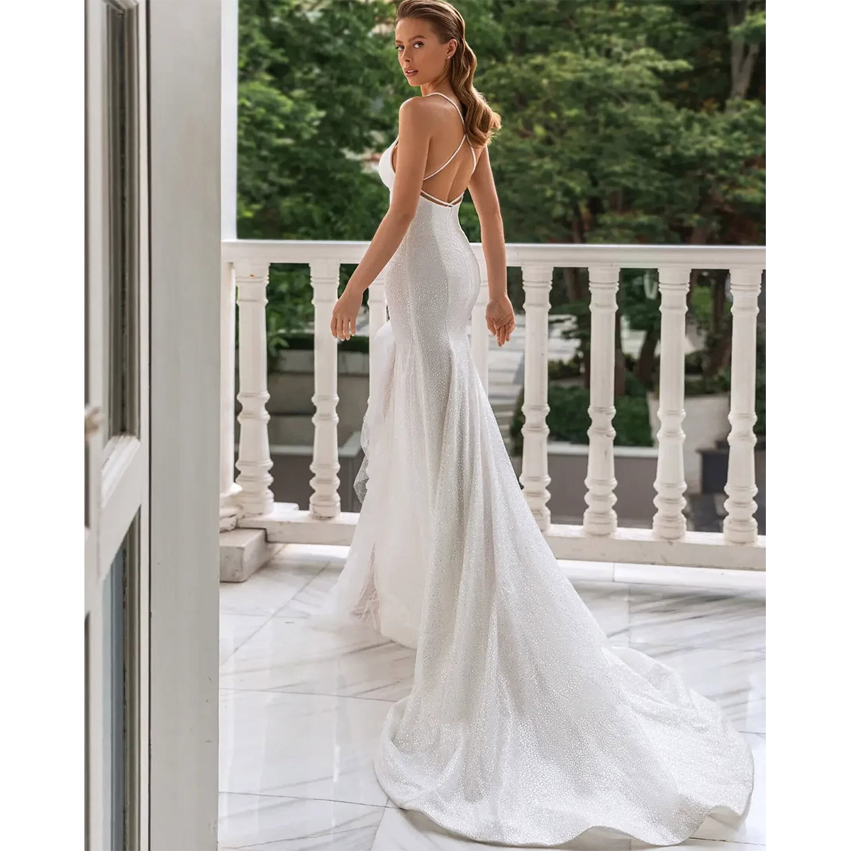 Νυφικό Φόρεμα Στενό Τιραντάκι Strass Glitter Με Μπολερό-6069