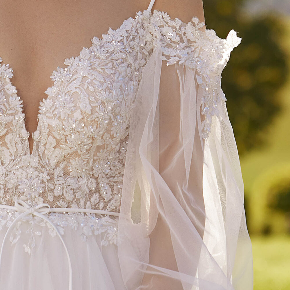 Νυφικό Φόρεμα Α Γραμμή Bαθύ V Ντεκολτέ Glitter Μανίκια Marriage - 6099