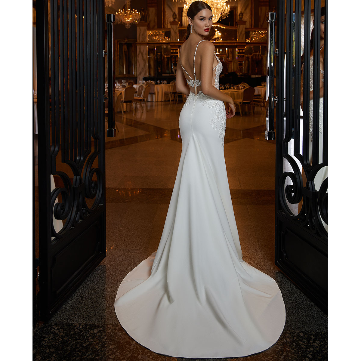 Νυφικό Φόρεμα Στενό Στενό Crepe Σατέν Δαντέλα Glitter - 6093