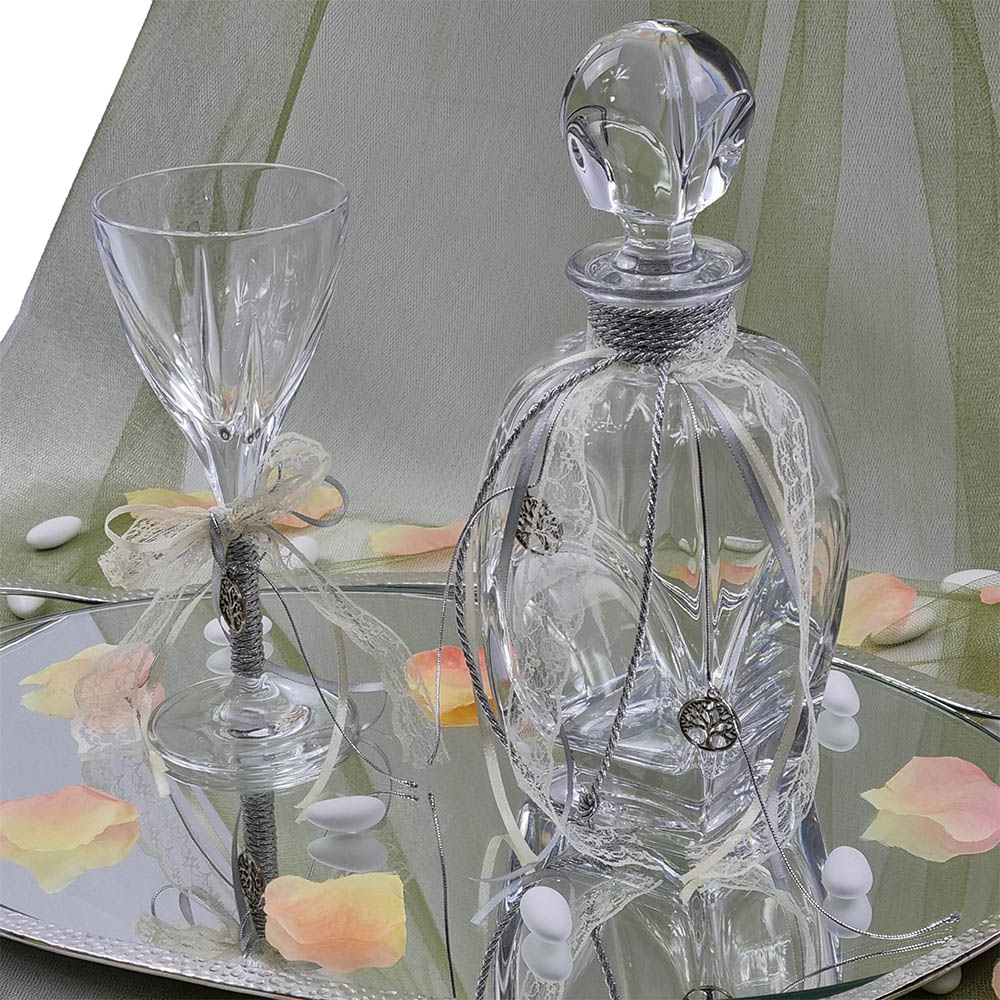 Δίσκος Ασημί Οβάλ Καθρέφτης Με Μπουκάλι Και Ποτήρι – LDMP122