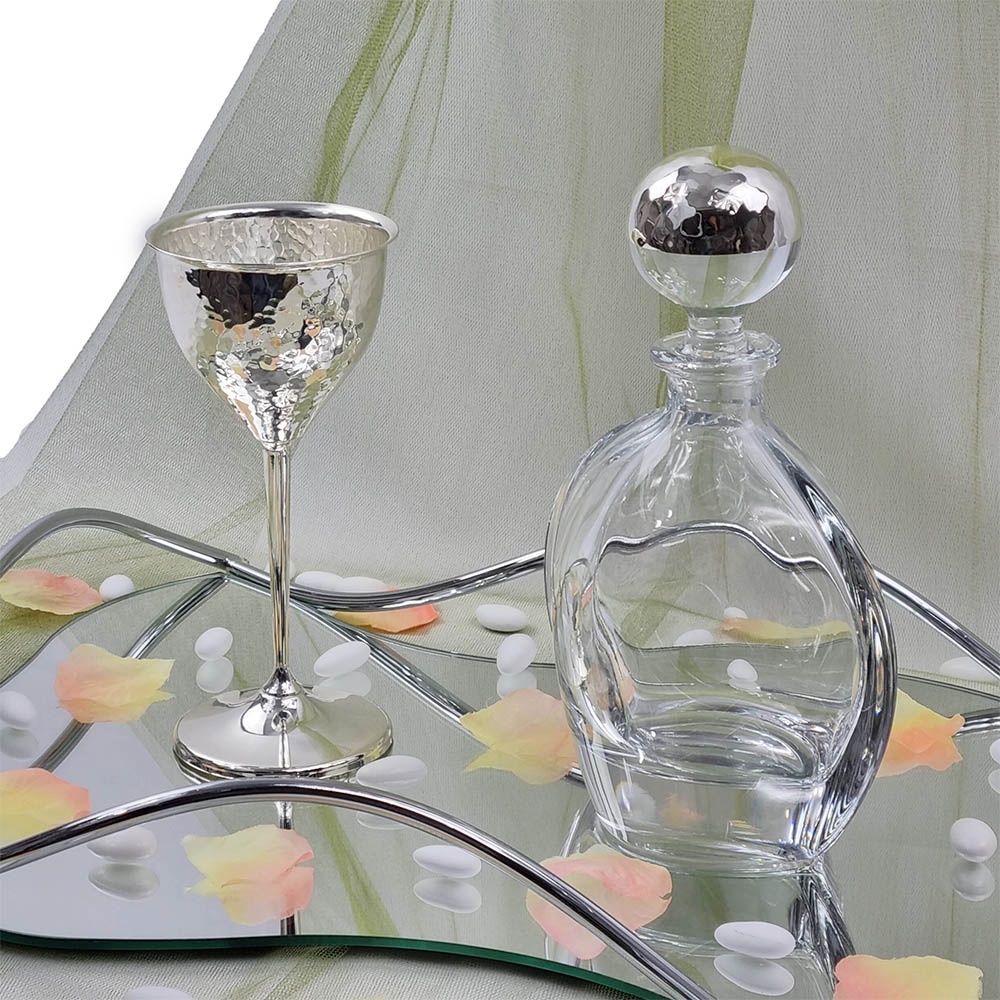 Δίσκος Ασημί Κυματιστός Καθρέφτης Με Μπουκάλι Και Ποτήρι – LDMP150