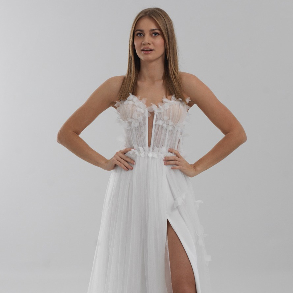 Νυφικό Φόρεμα Boho Strapless Σε Α Γραμμή Τούλινο - 3469