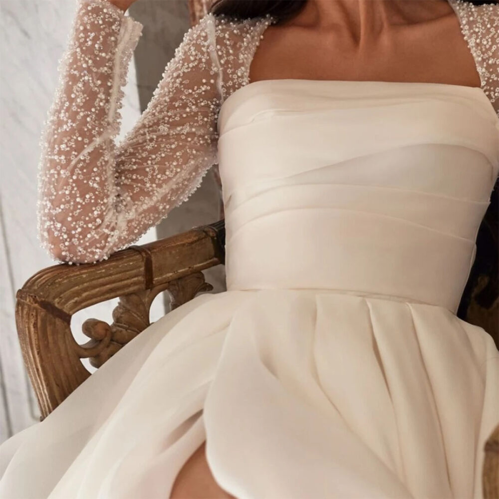Νυφικό Φόρεμα Glitter Α Γραμμή Με Μανίκια - 6108