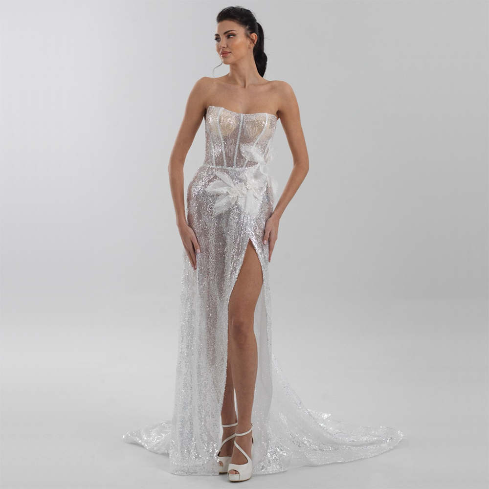 Νυφικό Φόρεμα Στενό Strapless Με Glitter - 3475