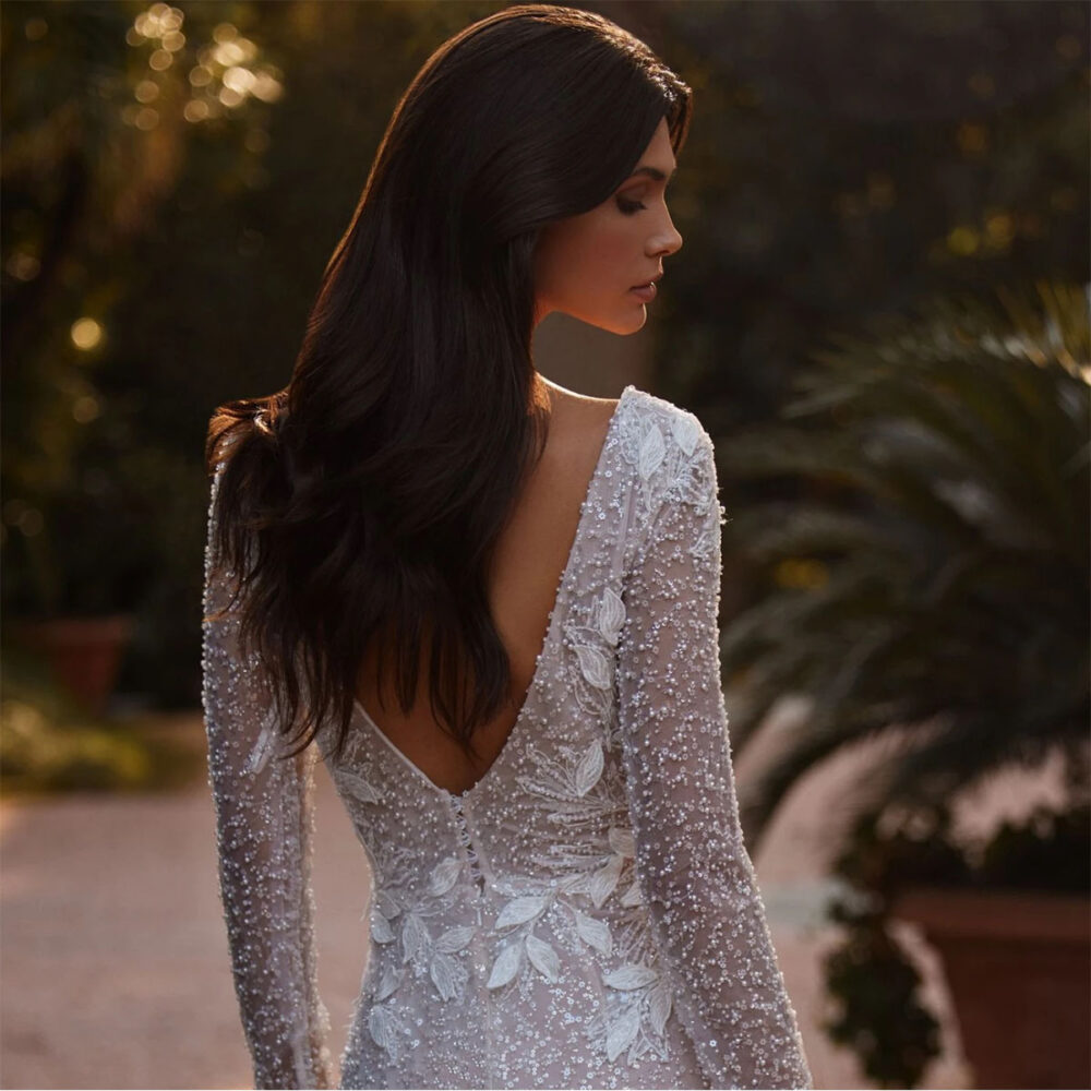 Νυφικό Φόρεμα Γοργονέ Στενό Glitter Με Μανίκια - 6115