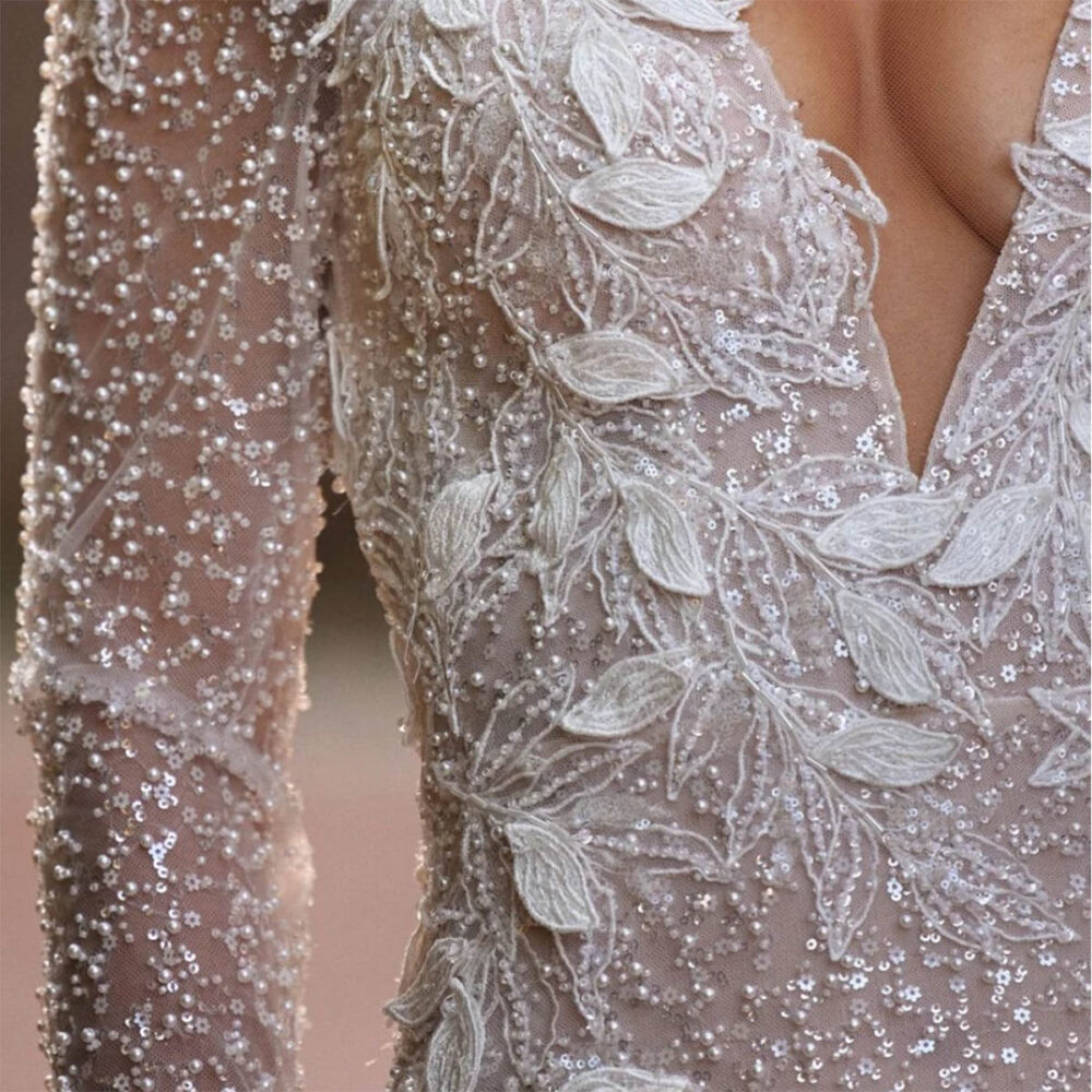 Νυφικό Φόρεμα Γοργονέ Στενό Glitter Με Μανίκια - 6115